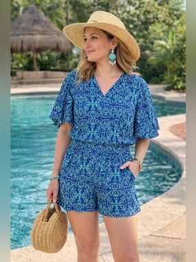 Mimi Chica XL Romper Blue Mint Green Buttoned Elastic Waist Pockets NWT